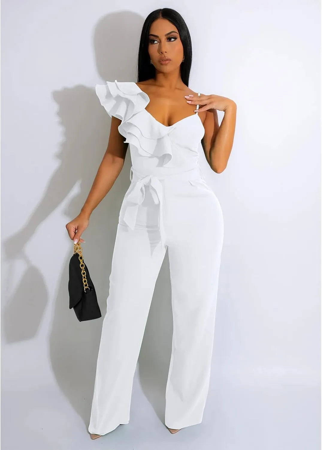 kaimimei Womens Casual Jumpsuits V-Neck Sleeveless Ruffle Backless Belted Wide Leg Pant Sexy Romper Party Clubwear