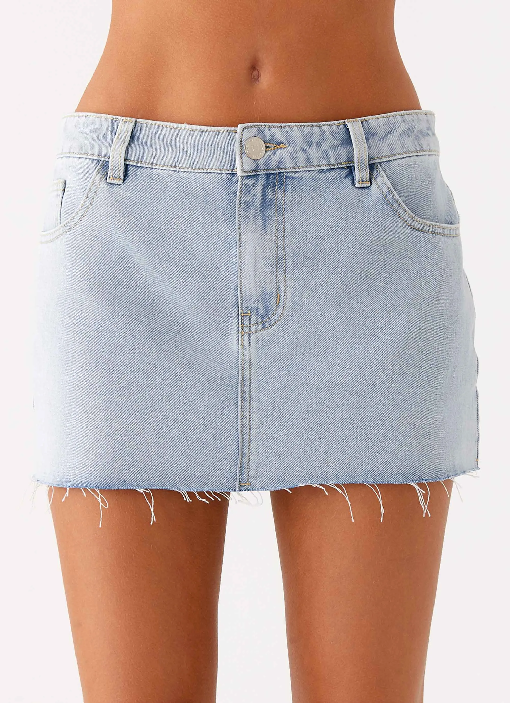 ReinforcedHemline ExpandableSidePanels Kamen Low Rise Mini Skirt - Light Denim