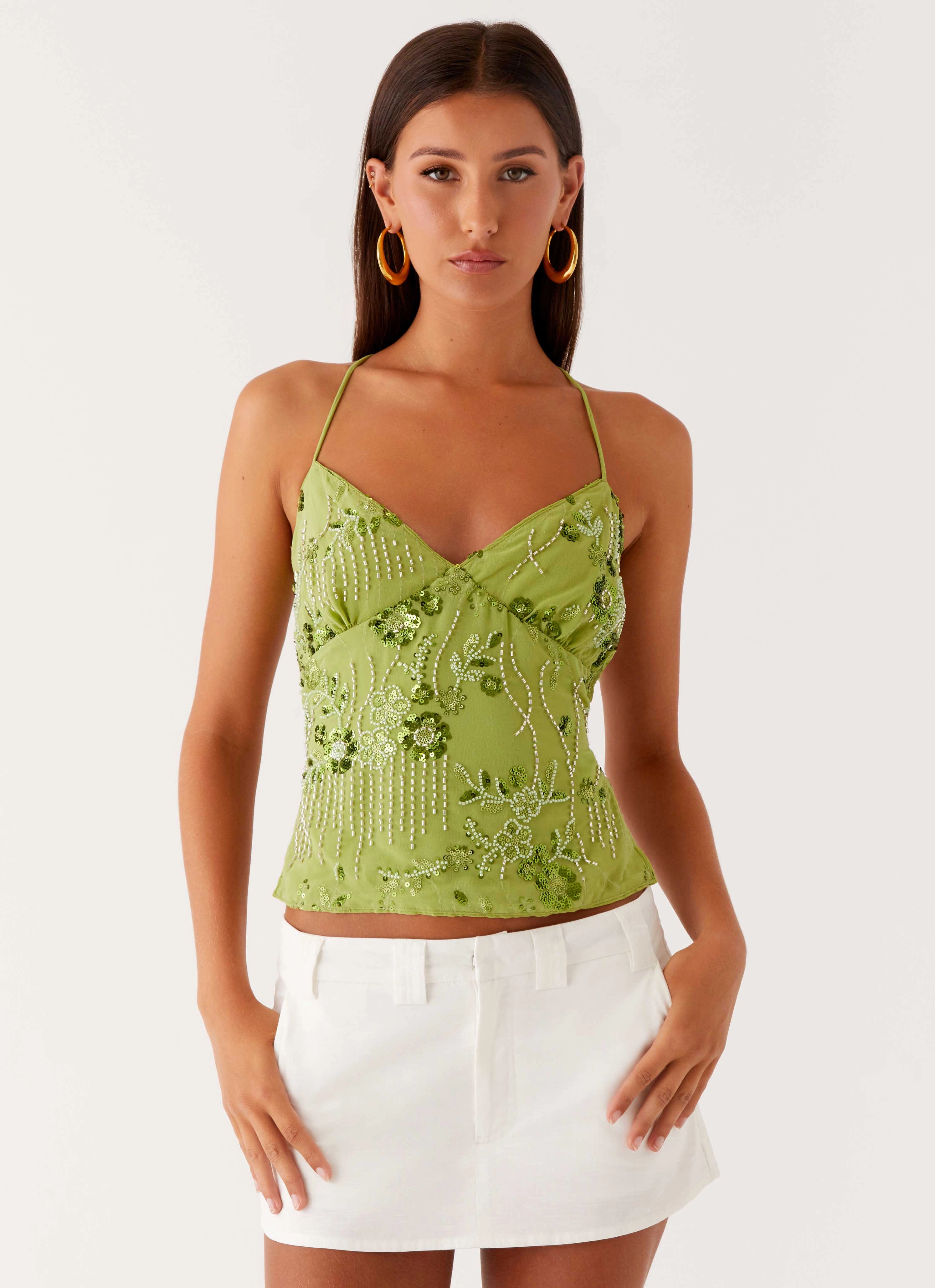 Kamilla Sequin Cami Top - Lime CompressionFit