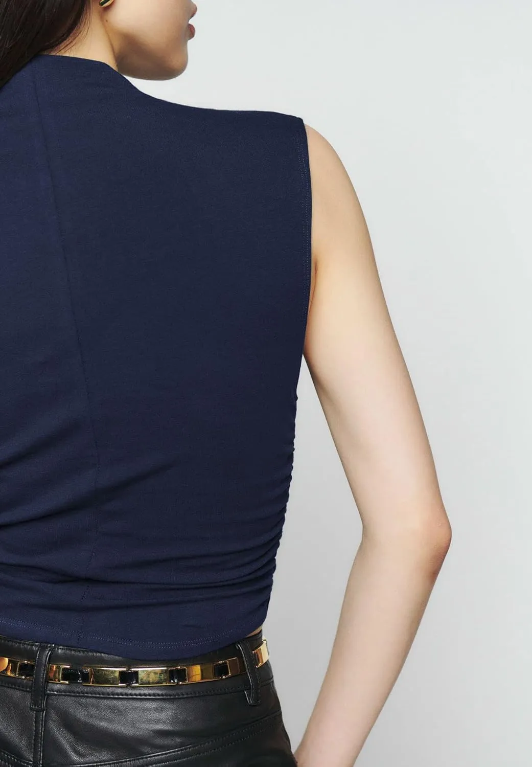 KAMISSY Cotton Sleeveless Mock Neck Crop Tops for Women Causal Ruched Summer Going Out Tank Tops Elegant Crop Vest