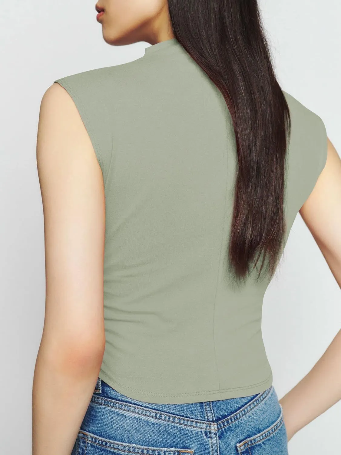 KAMISSY Cotton Sleeveless Mock Neck Crop Tops for Women Causal Ruched Summer Going Out Tank Tops Elegant Crop Vest