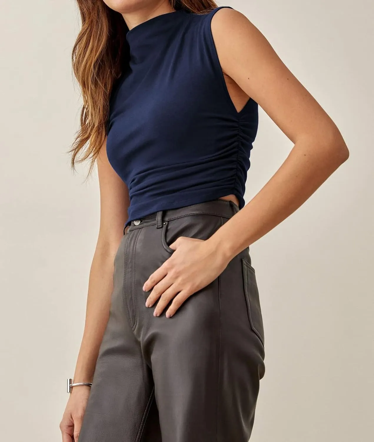KAMISSY Cotton Sleeveless Mock Neck Crop Tops for Women Causal Ruched Summer Going Out Tank Tops Elegant Crop Vest