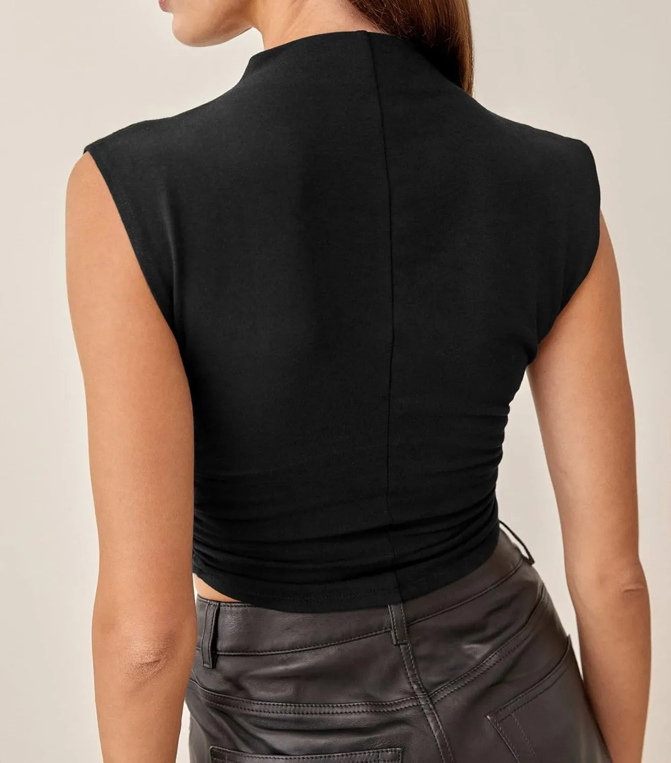 KAMISSY Cotton Sleeveless Mock Neck Crop Tops for Women Causal Ruched Summer Going Out Tank Tops Elegant Crop Vest