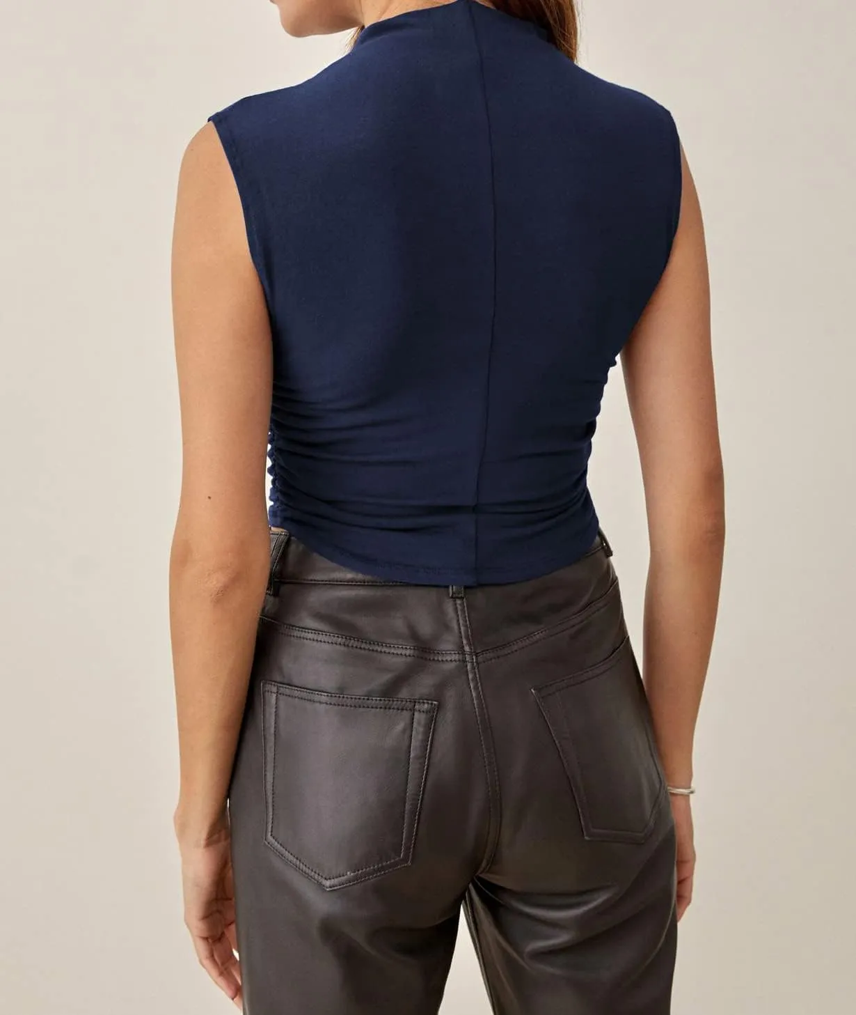 KAMISSY Cotton Sleeveless Mock Neck Crop Tops for Women Causal Ruched Summer Going Out Tank Tops Elegant Crop Vest