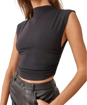 KAMISSY Cotton Sleeveless Mock Neck Crop Tops for Women Causal Ruched Summer Going Out Tank Tops Elegant Crop Vest