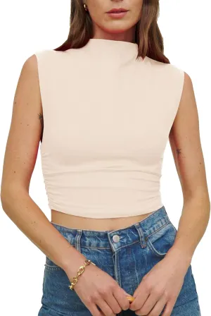 KAMISSY Cotton Sleeveless Mock Neck Crop Tops for Women Causal Ruched Summer Going Out Tank Tops Elegant Crop Vest