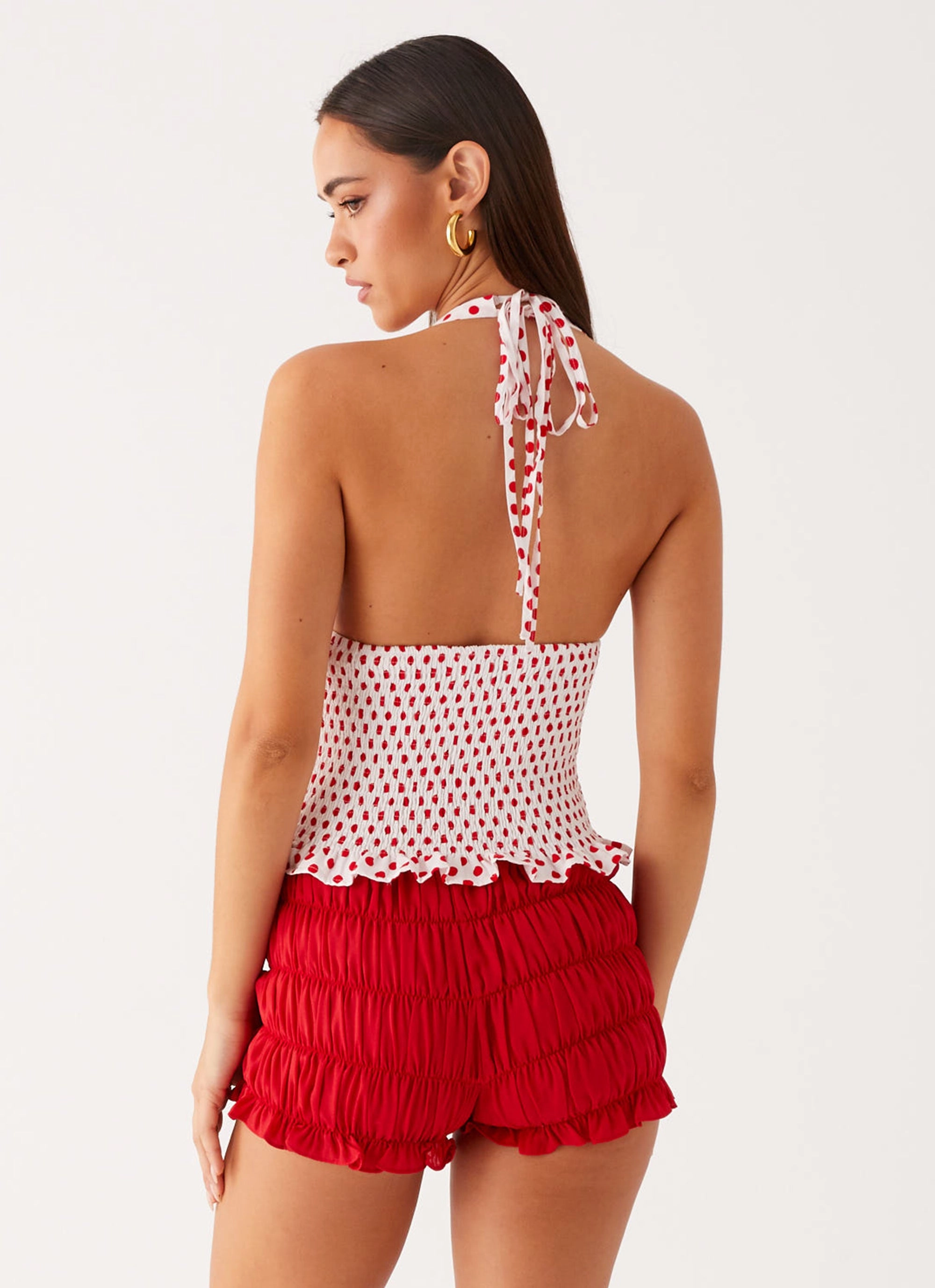 WideNeckline ThermalRegulation Kamren Halter Top - White Red Polka Dot