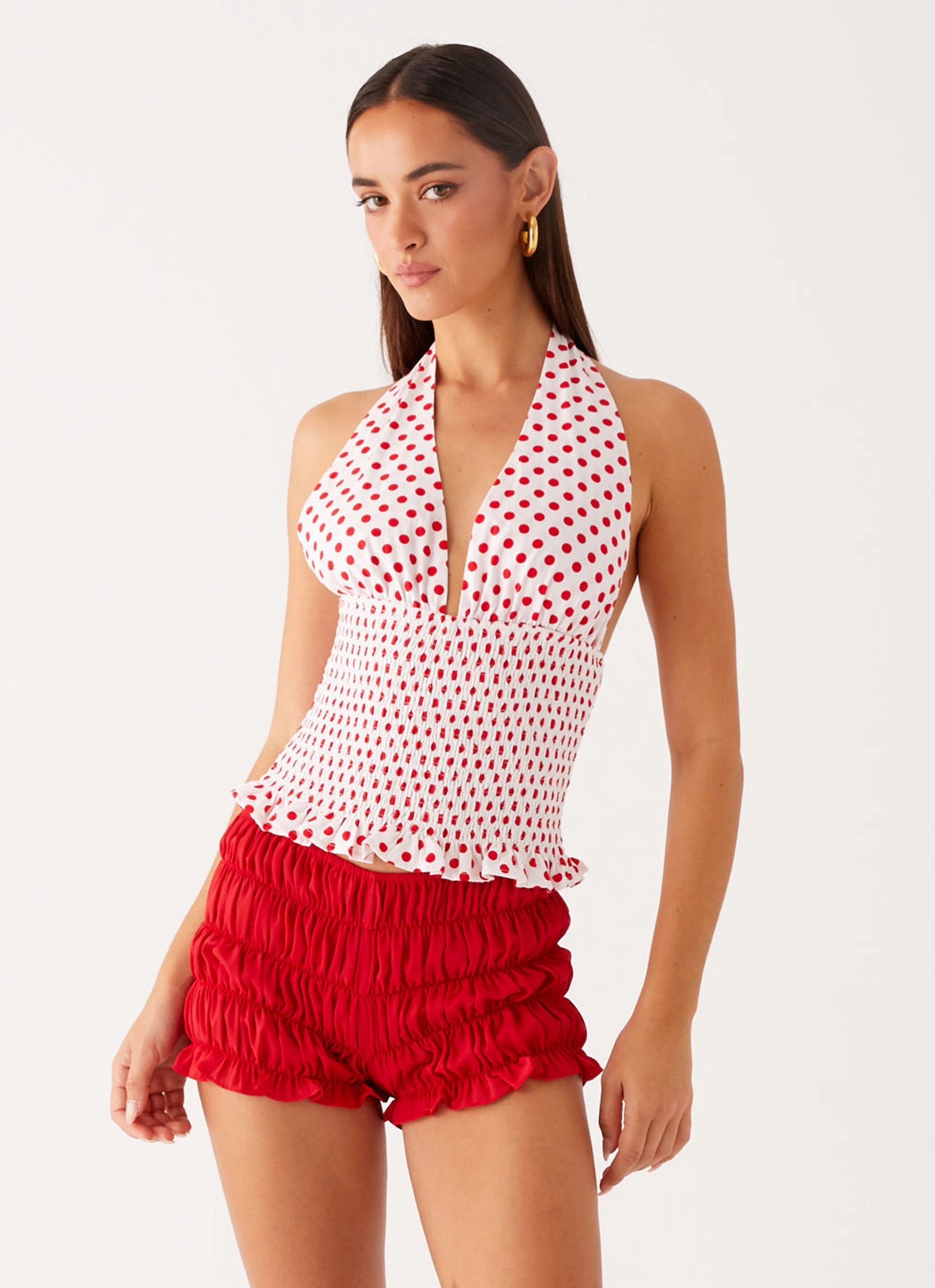 MicrofiberTech Kamren Halter Top - White Red Polka Dot