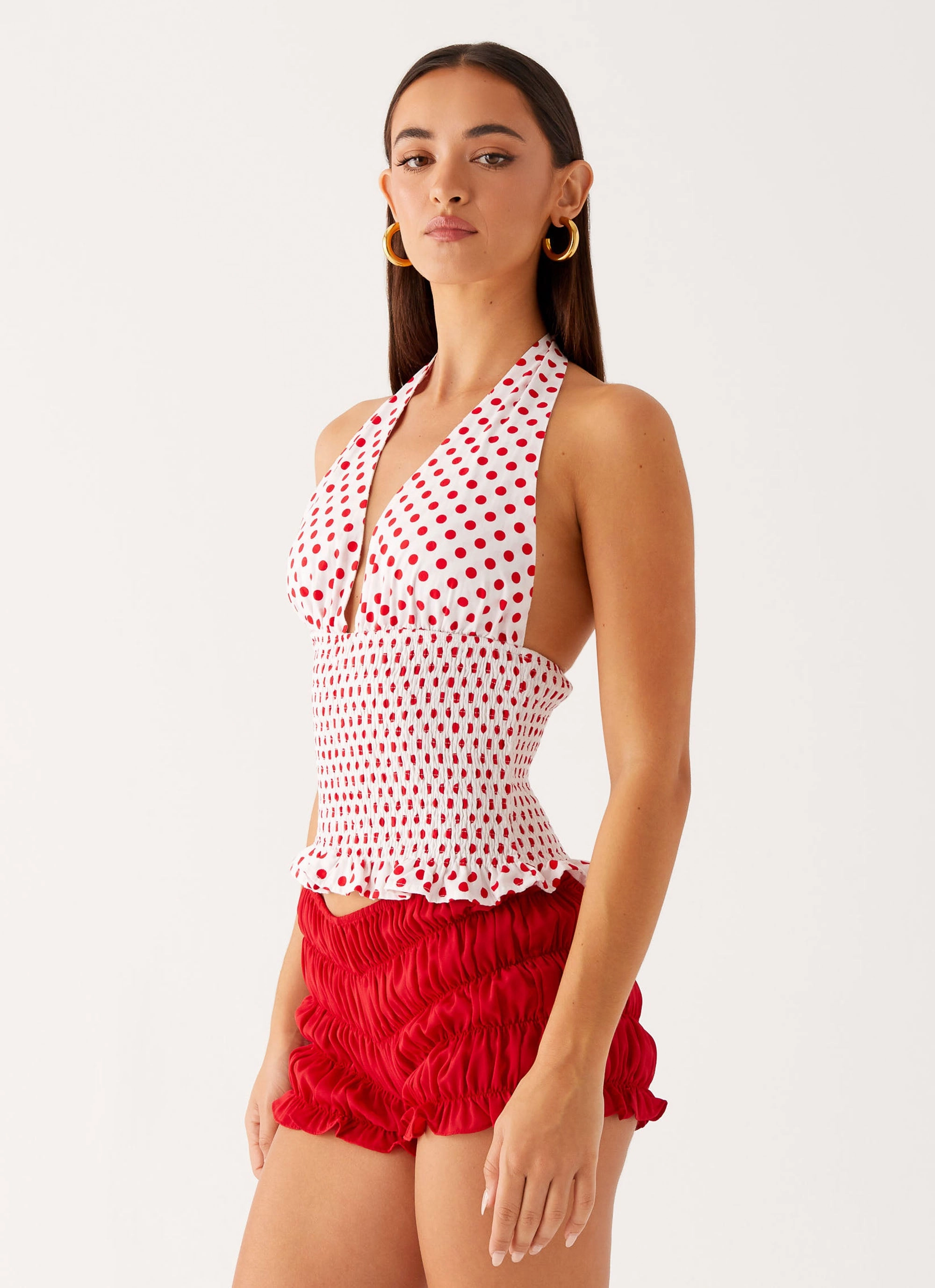 FlatlockSeams Kamren Halter Top - White Red Polka Dot