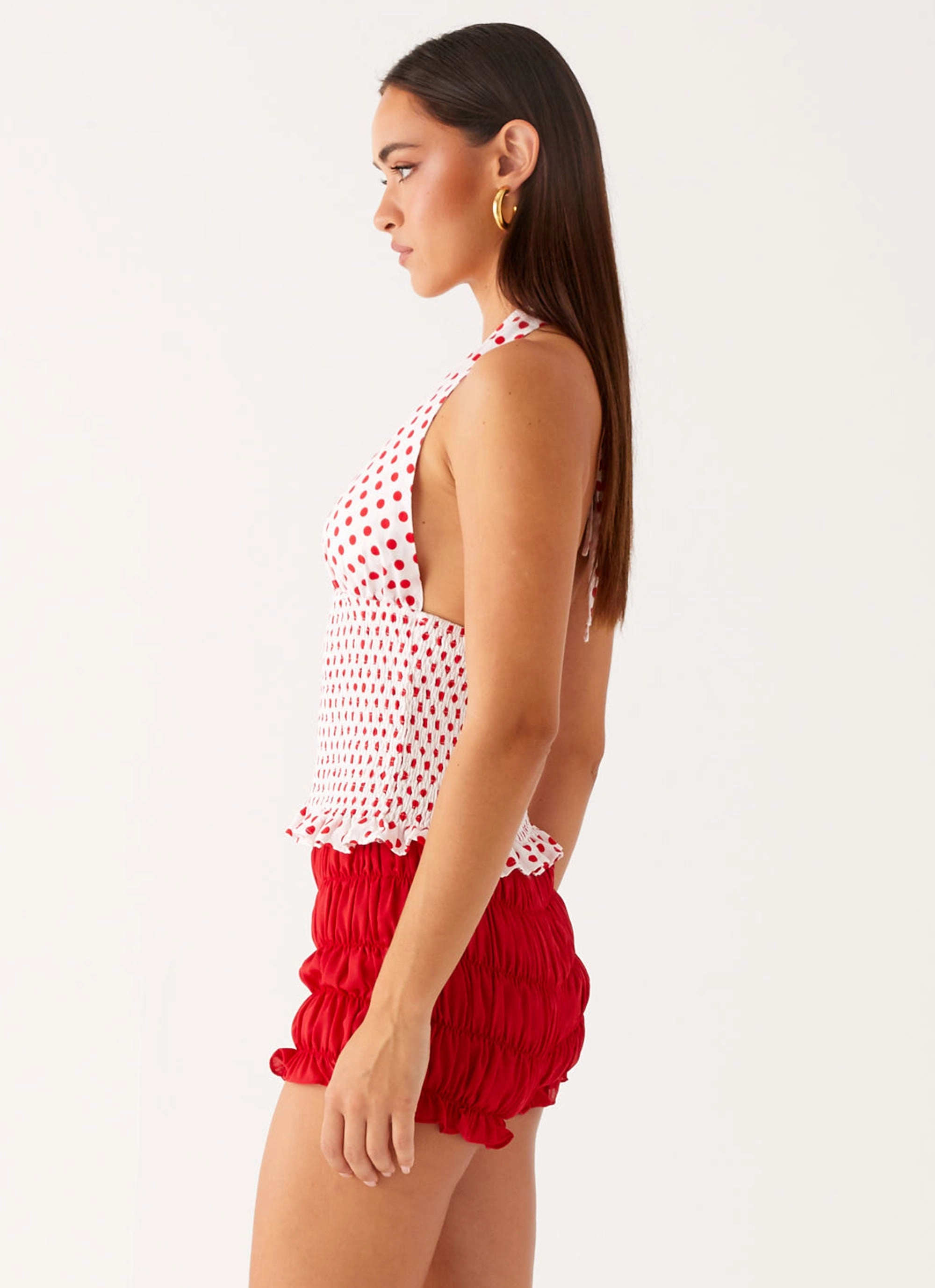 Kamren Halter Top - White Red Polka Dot Low Profile Seaming