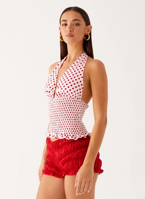 Kamren Halter Top - White Red Polka Dot SoftTouchTexture FlatlockSeams Kamren Halter Top - White Red Polka Dot