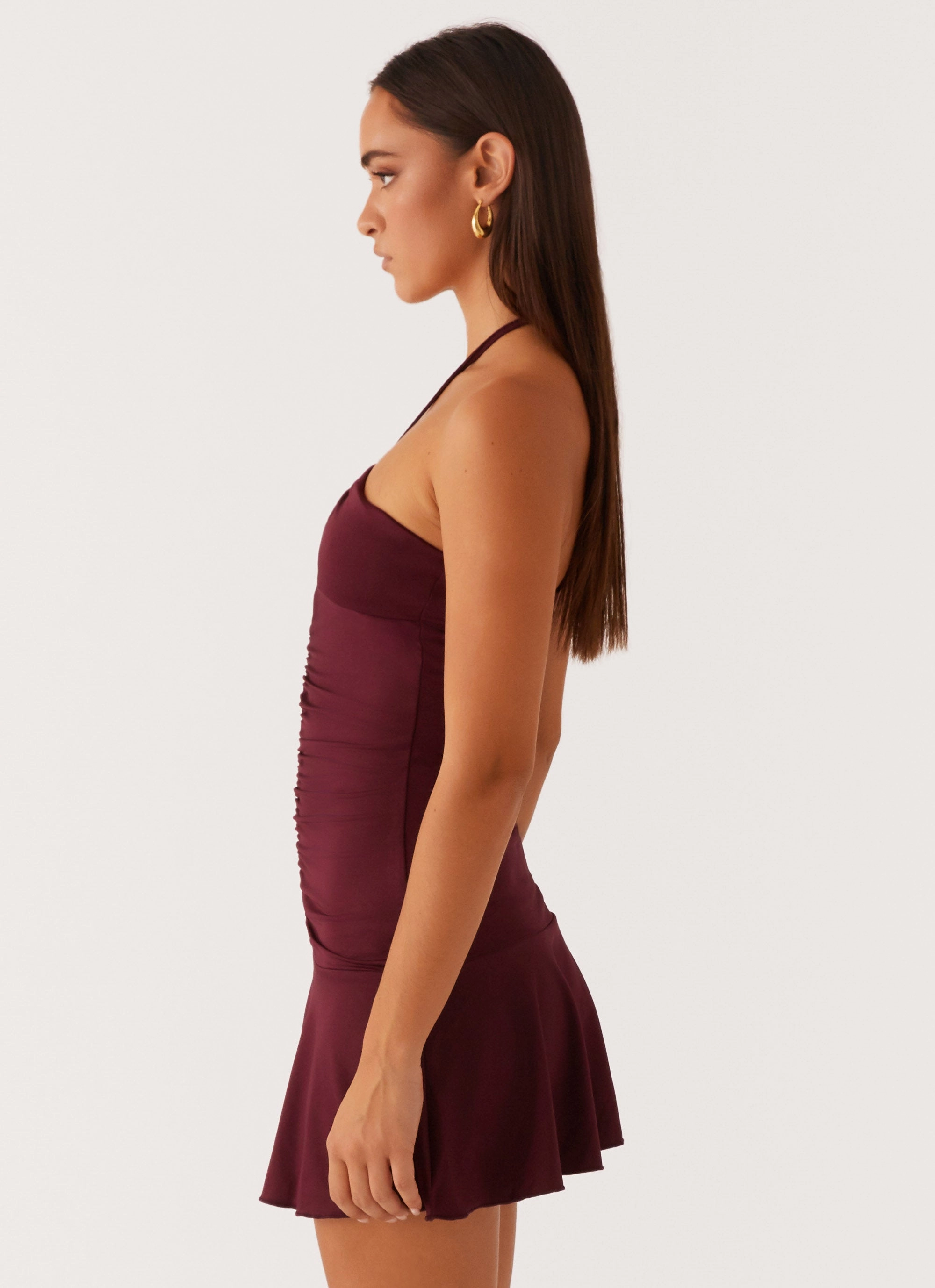 Katrina Halterneck Mini Dress - Deep Maroon Relaxed Waist