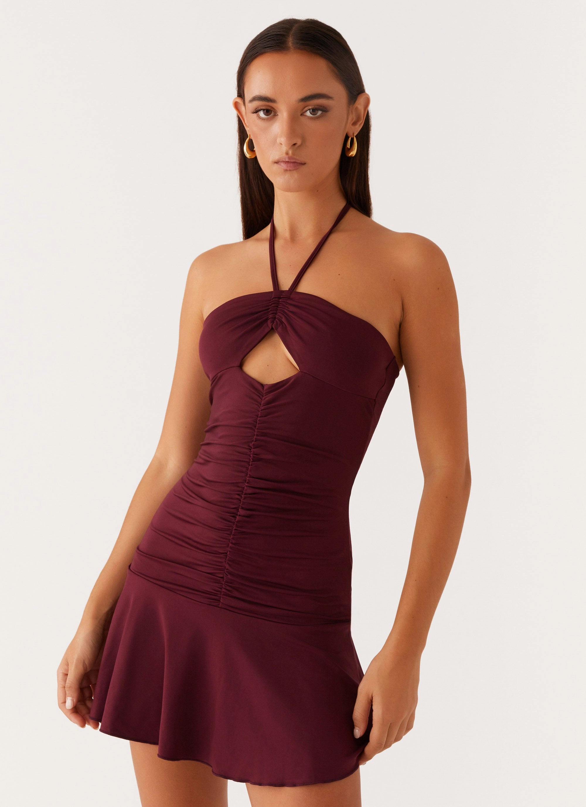 Church Scene Handmade Katrina Halterneck Mini Dress - Deep Maroon
