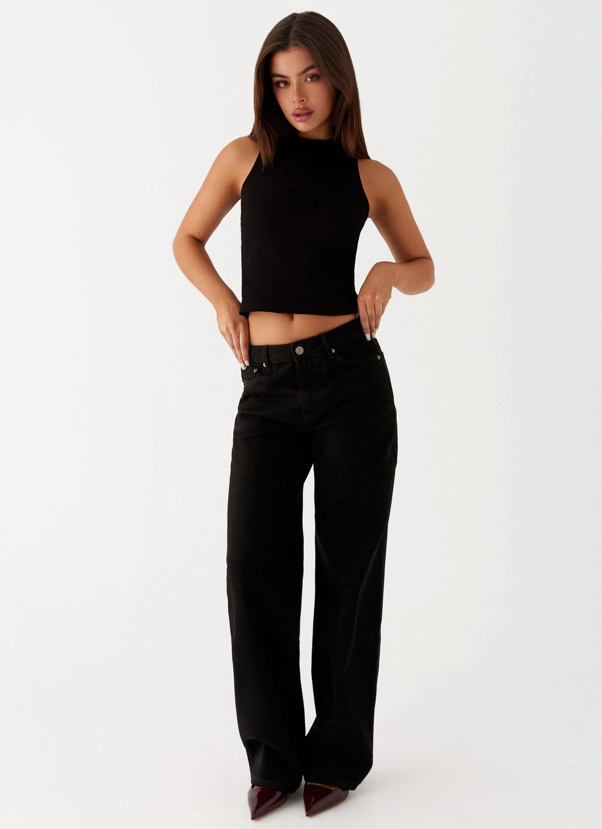 Keanna Low Rise Denim Jeans - Black Button front