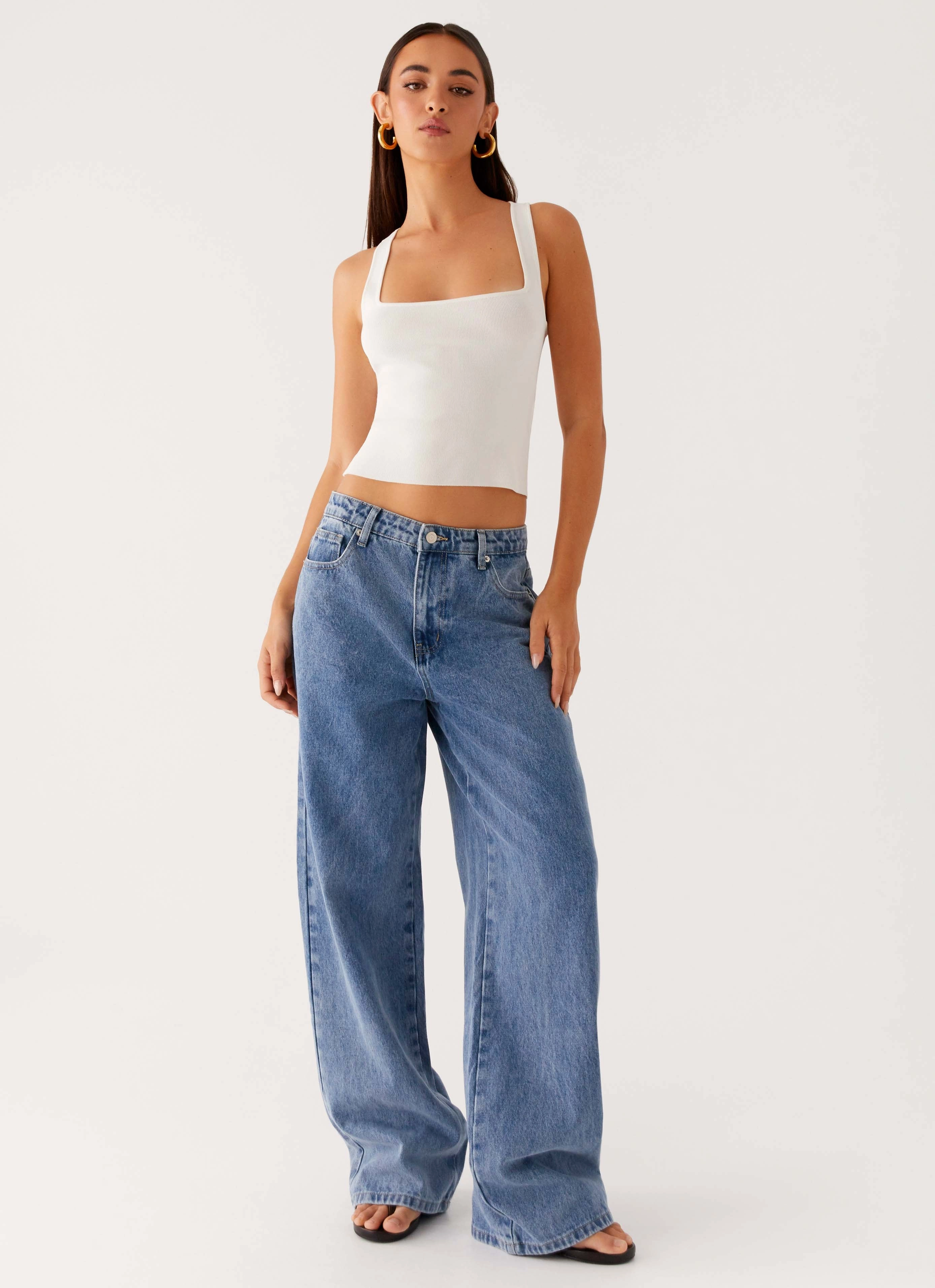 AdjustableDrawstring Keanna Low Rise Denim Jeans - Blue Denim