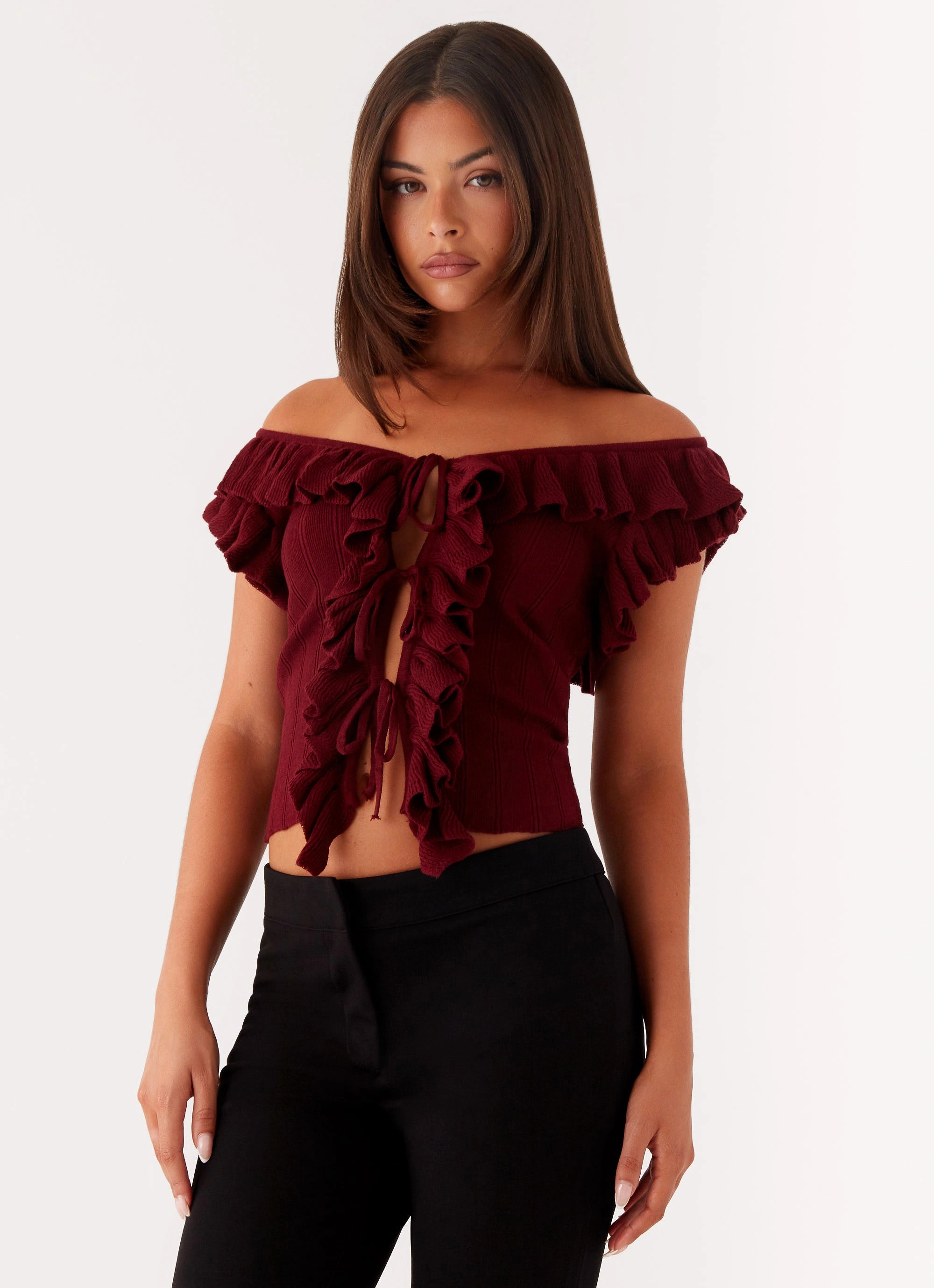 Flatlock Seam Design Reinforced Hemline Keeta Frill Top - Burgundy