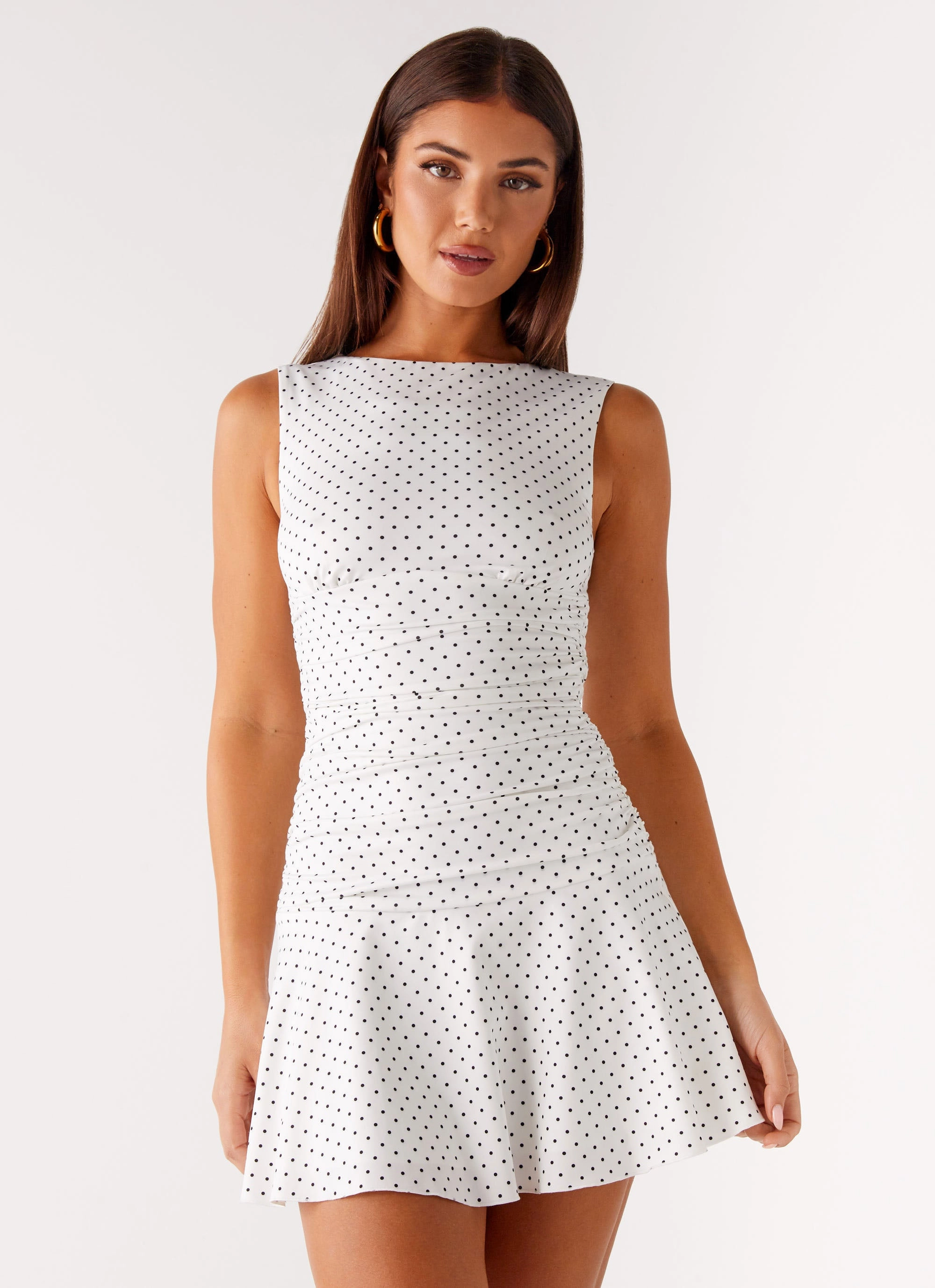 Kelda Mini Dress - White Polka Dot Wrinkle Resistant Finish Outfit Flow Texture Play