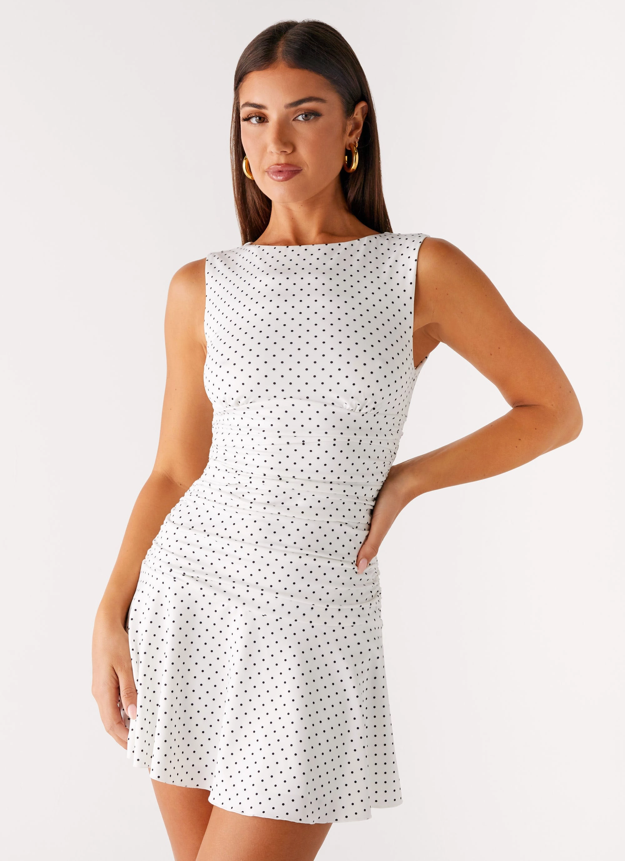 Hidden pockets Kelda Mini Dress - White Polka Dot Wrinkle Resistant Finish
