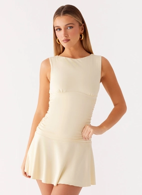 lace accents Denim style Kelda Mini Dress - Yellow A-Line Shape