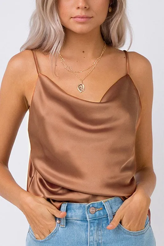 Khaki V-Neck Satin Cami