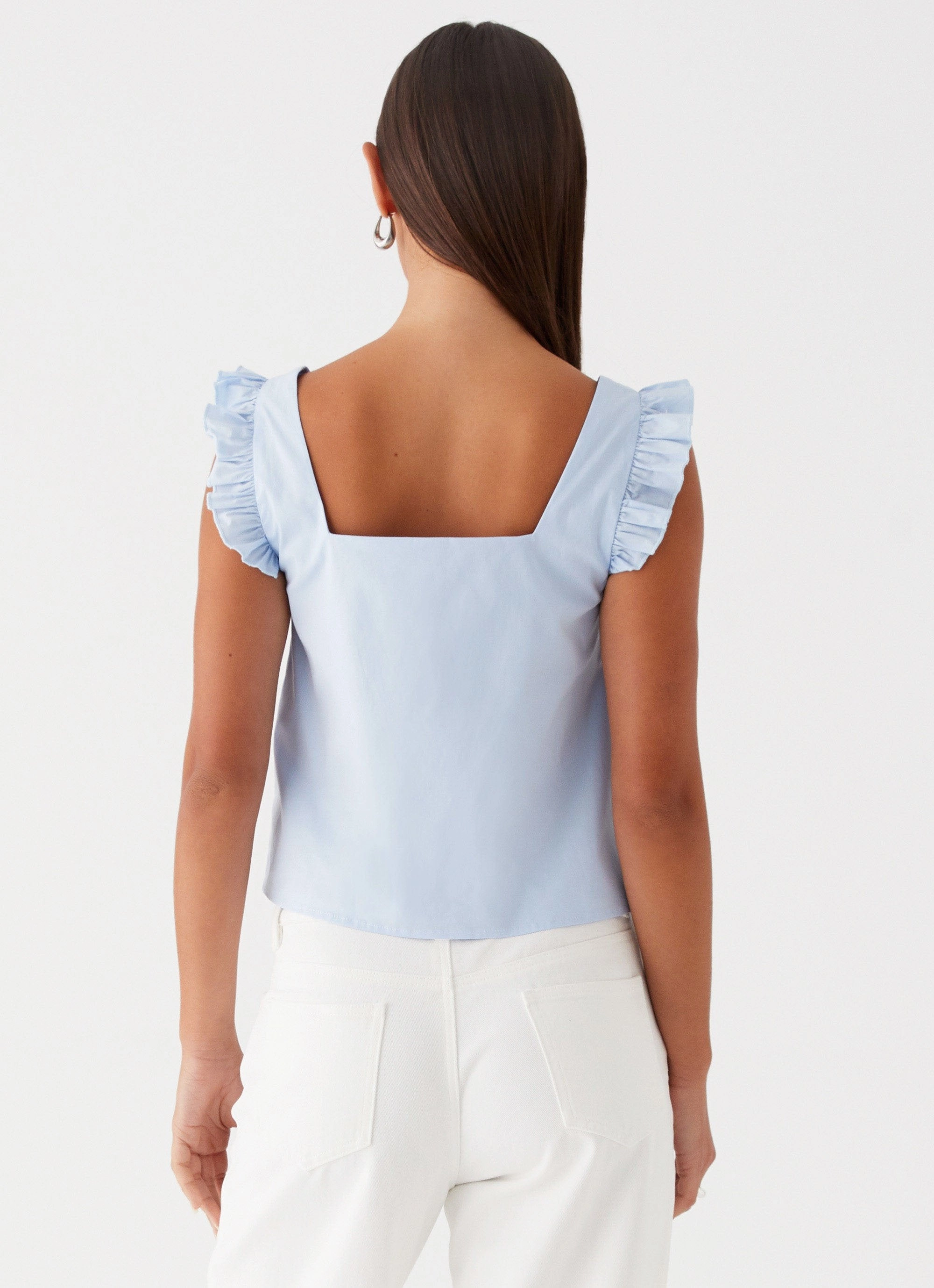 Kiani Tie Front Top - Blue WeightedHem Convertible Style