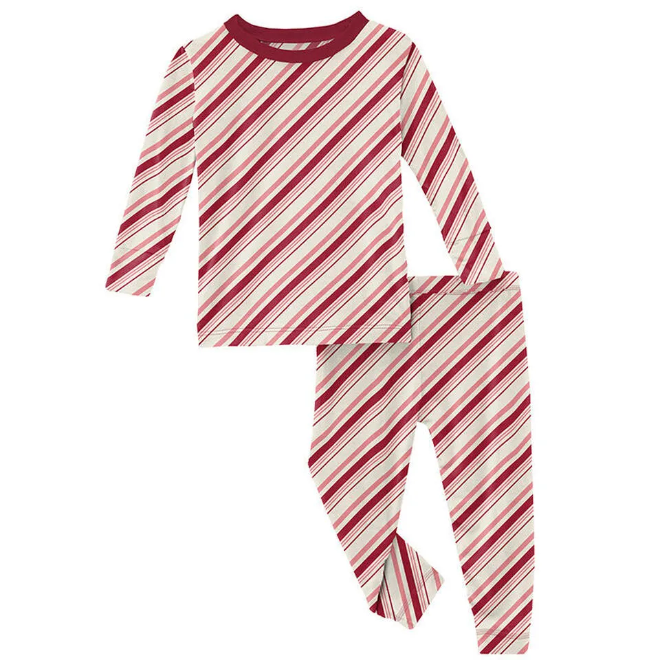 Kickee Pants Print Long Sleeve Pajama Set in Strawberry Candy Cane Stripe