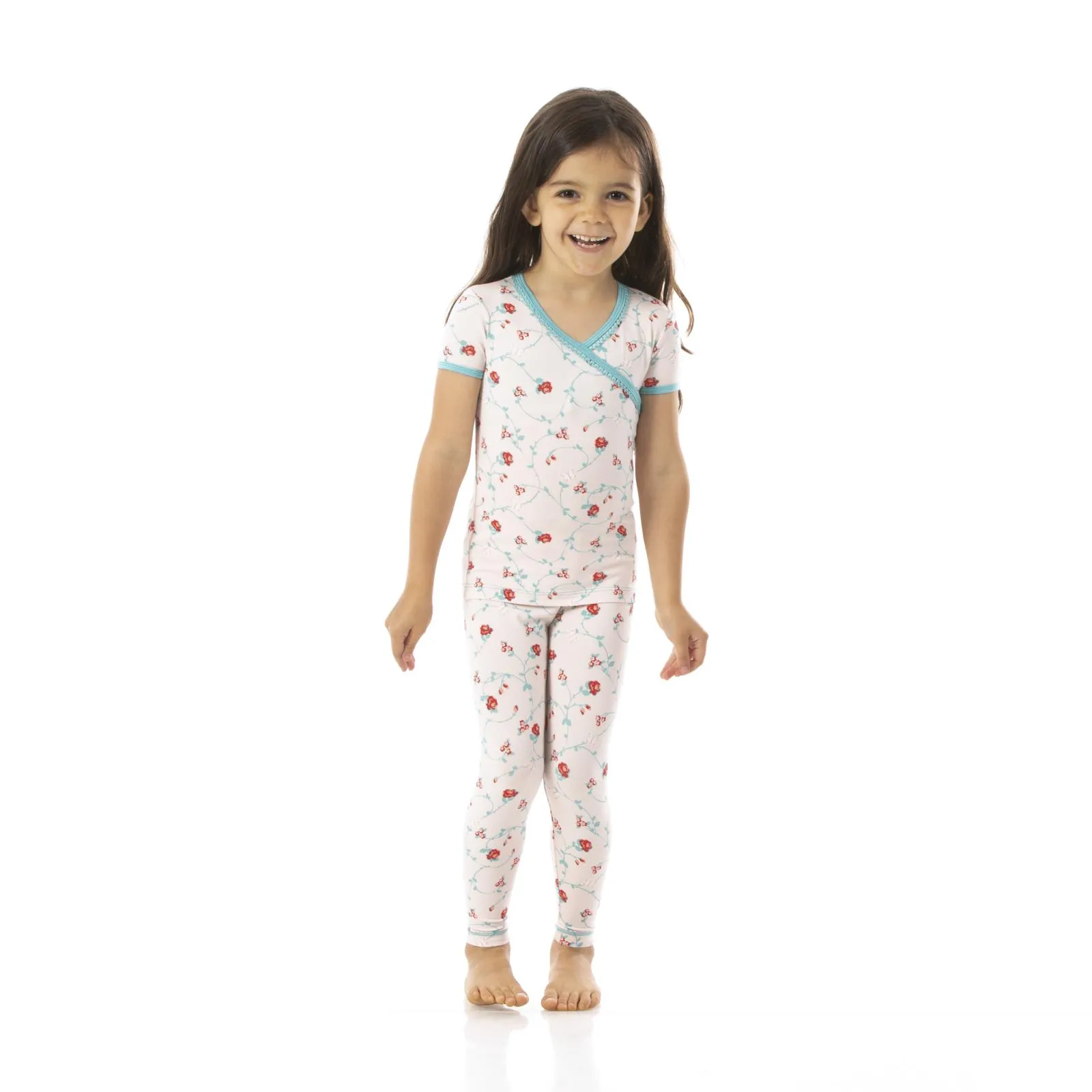 Kickee Pants Print Short Sleeve Scallop Kimono Pajama Set - Macaroon Floral Vines