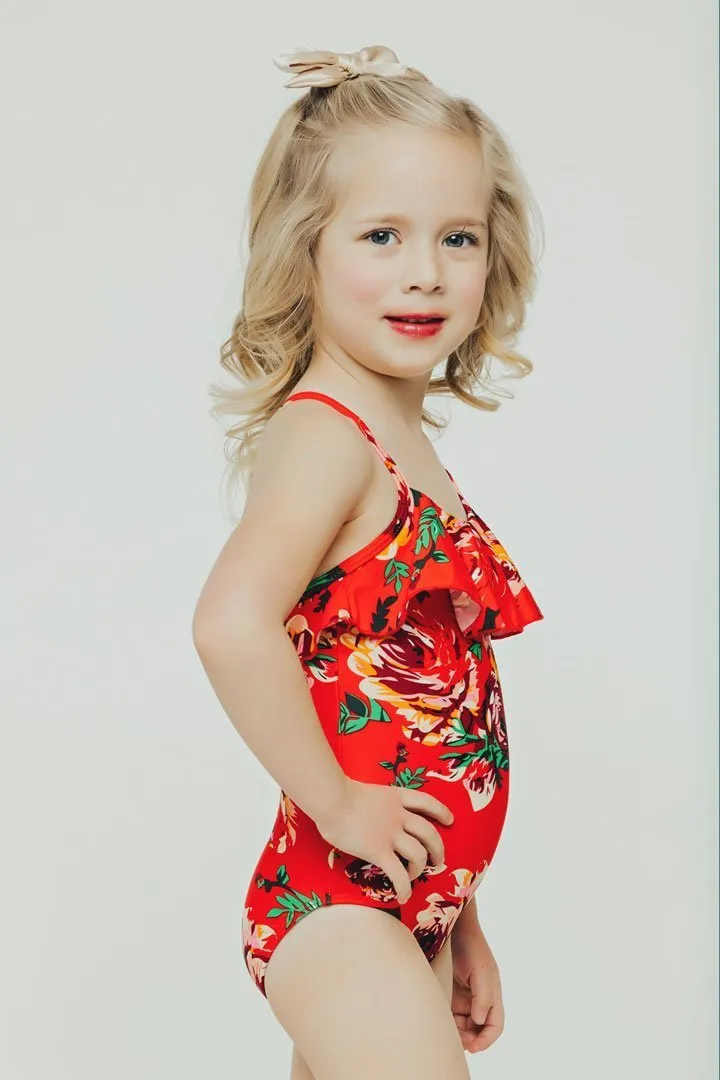 Kids Red Floral Ruffle One Piece