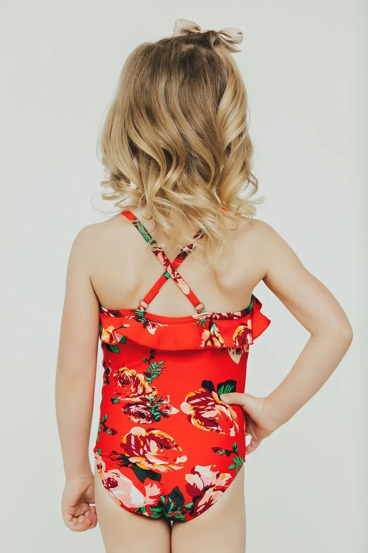 Kids Red Floral Ruffle One Piece