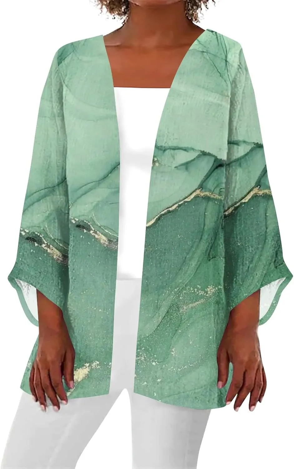 Kimonos for Women Plus Size Lightweight Floral Printed Tops Dressy Casual 3/4 Sleeve Summer Cardigan