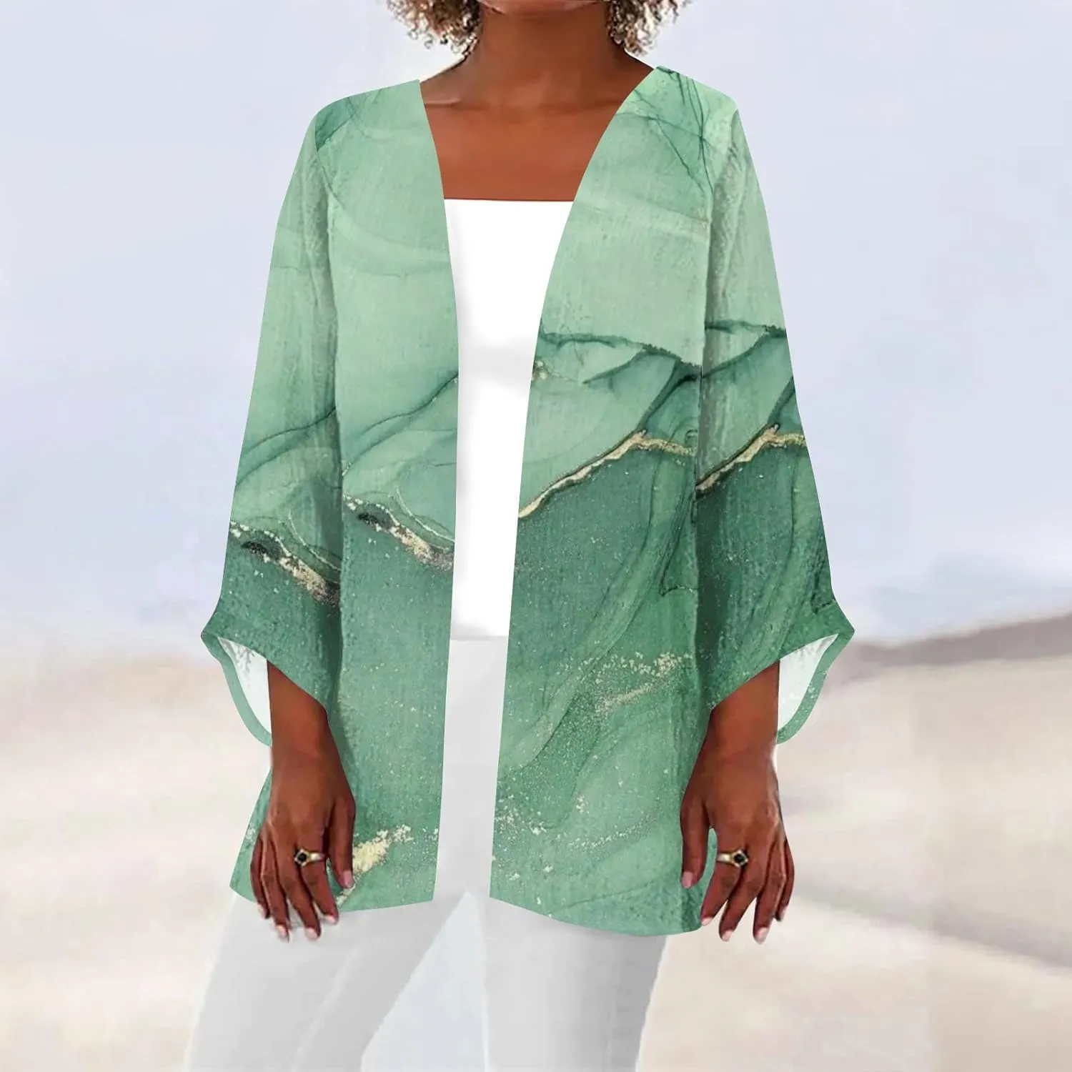 Kimonos for Women Plus Size Lightweight Floral Printed Tops Dressy Casual 3/4 Sleeve Summer Cardigan