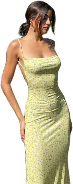 KMBANGI Women's Floral Orange Sleeveless Backless Maxi Dress - Plus Size, Ankle Length, Party Dress