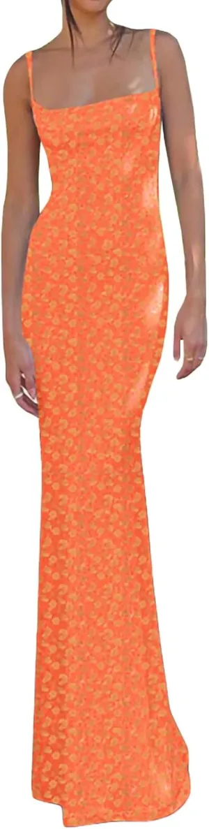 KMBANGI Women's Floral Orange Sleeveless Backless Maxi Dress - Plus Size, Ankle Length, Party Dress