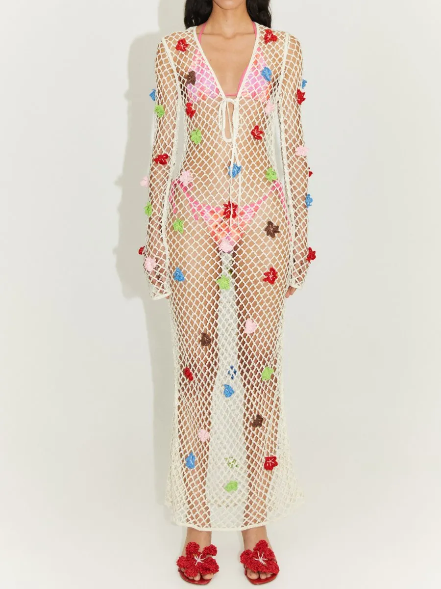 Knitted Beach Dress With Decorative Flowers