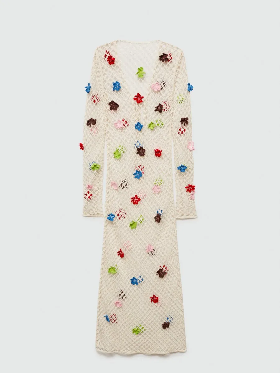 Knitted Beach Dress With Decorative Flowers
