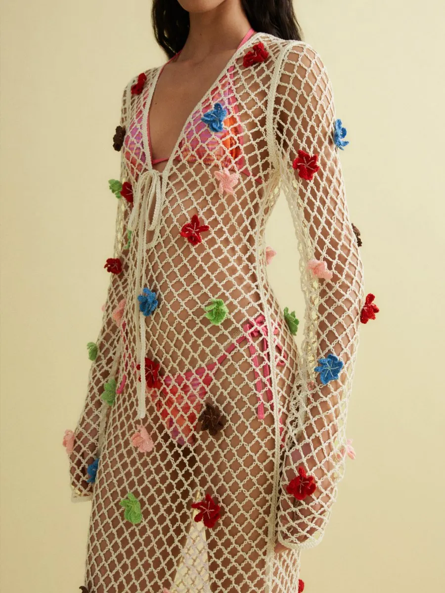 Knitted Beach Dress With Decorative Flowers