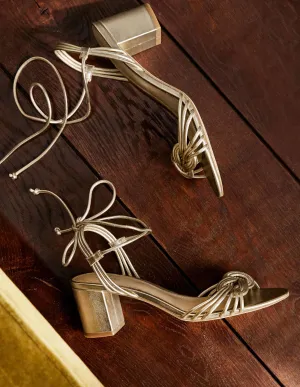 Knot Detail Heel Sandals-Pale Gold Metallic