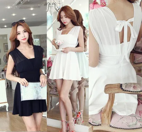Korean Chiffon Spliced Lotus Flare Sexy Nightclubs Slim Look Sleeveless Strap Dress Chiffon Dress