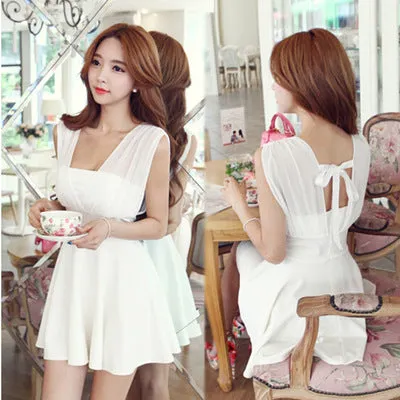 Korean Chiffon Spliced Lotus Flare Sexy Nightclubs Slim Look Sleeveless Strap Dress Chiffon Dress