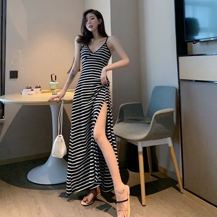 Korean Elegant Chic Sexy Spaghetti V-Neck Slip Dress Solid Colored Slim Look Long Bare Back Women Dress