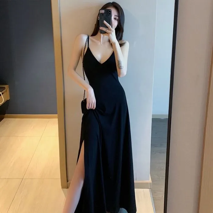 Korean Elegant Chic Sexy Spaghetti V-Neck Slip Dress Solid Colored Slim Look Long Bare Back Women Dress