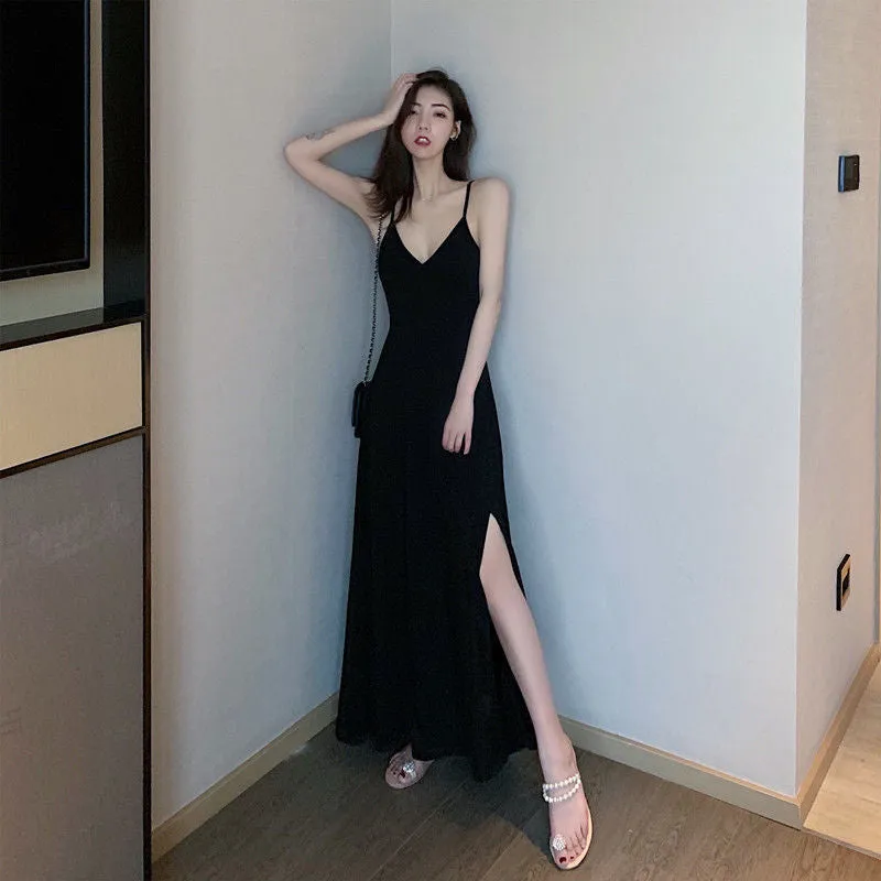 Korean Elegant Chic Sexy Spaghetti V-Neck Slip Dress Solid Colored Slim Look Long Bare Back Women Dress