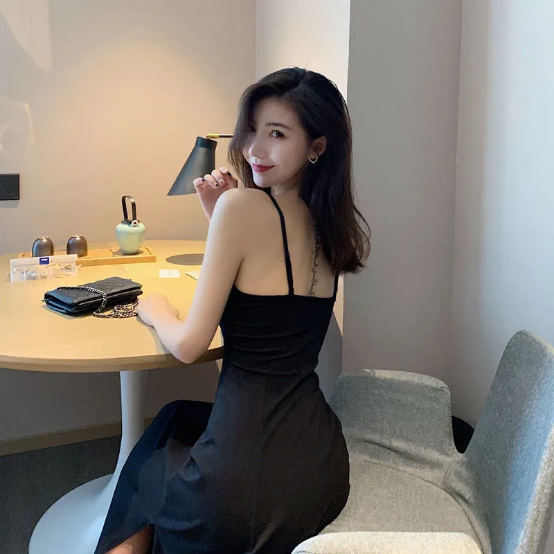 Korean Elegant Chic Sexy Spaghetti V-Neck Slip Dress Solid Colored Slim Look Long Bare Back Women Dress