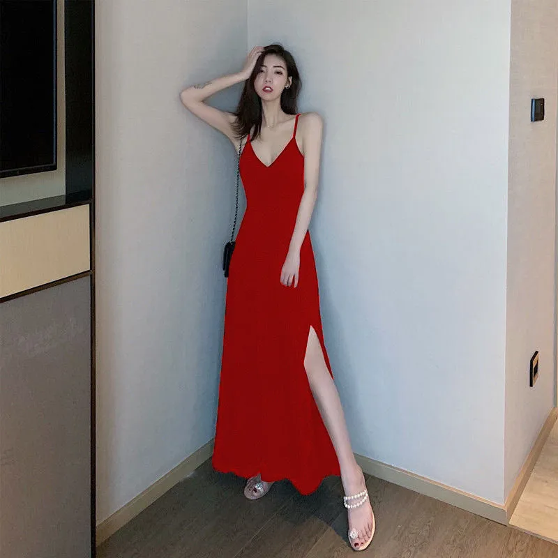 Korean Elegant Chic Sexy Spaghetti V-Neck Slip Dress Solid Colored Slim Look Long Bare Back Women Dress