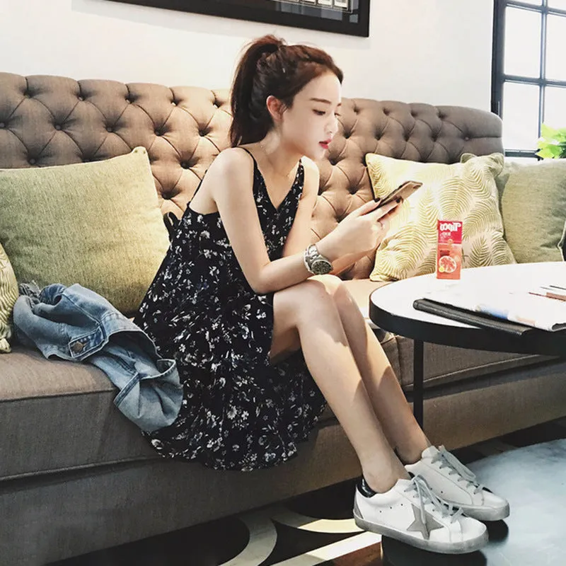 Korean Loose Slim Look Sleeveless Tank Top Chiffon Mid-Length High Waist Fresh Looking Floral Cami Dress