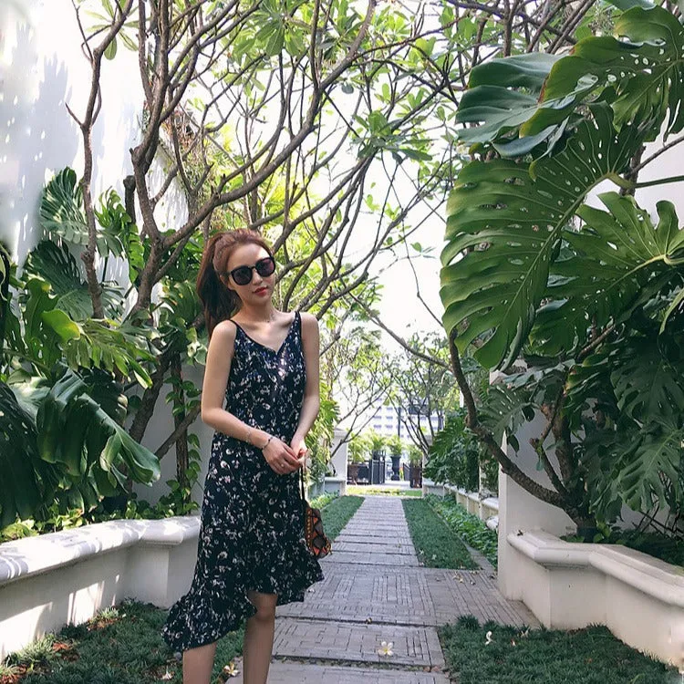 Korean Loose Slim Look Sleeveless Tank Top Chiffon Mid-Length High Waist Fresh Looking Floral Cami Dress
