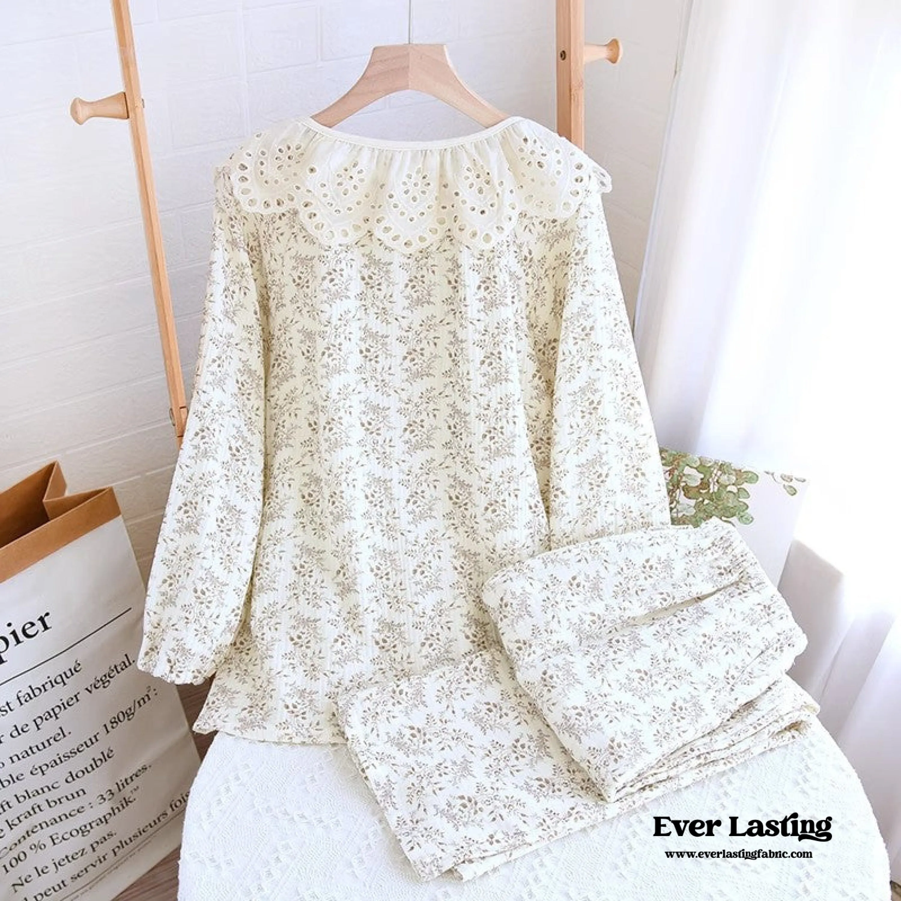 Lace Collar Long Sleeve and Long Pants Cotton Pajamas Set
