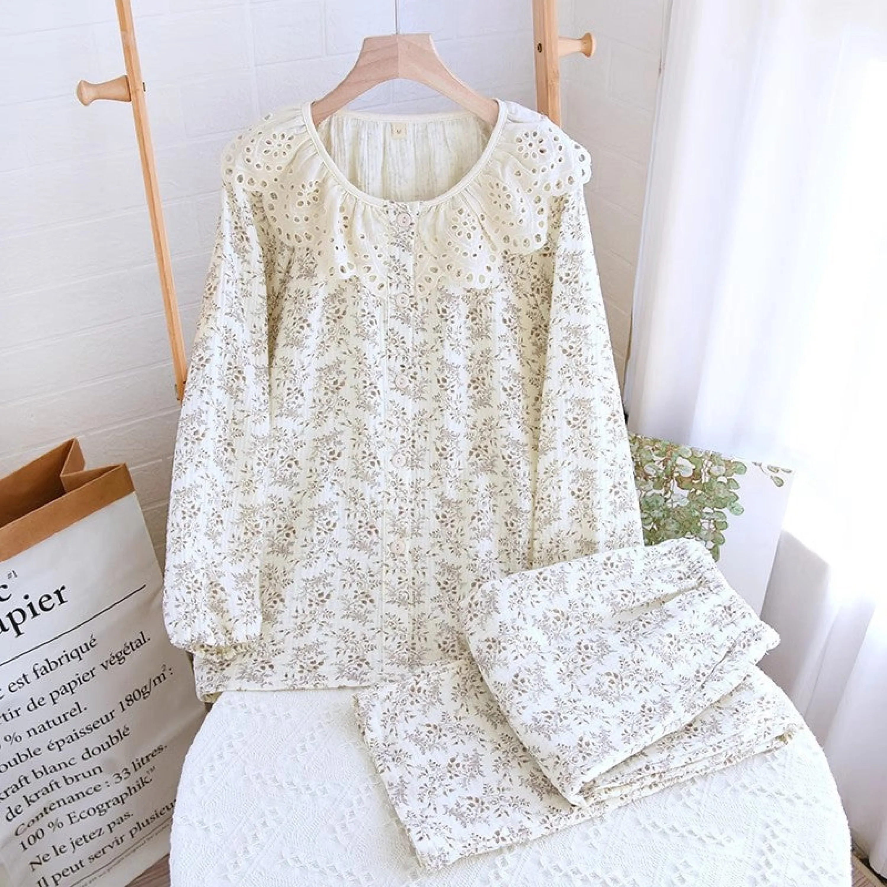 Lace Collar Long Sleeve and Long Pants Cotton Pajamas Set