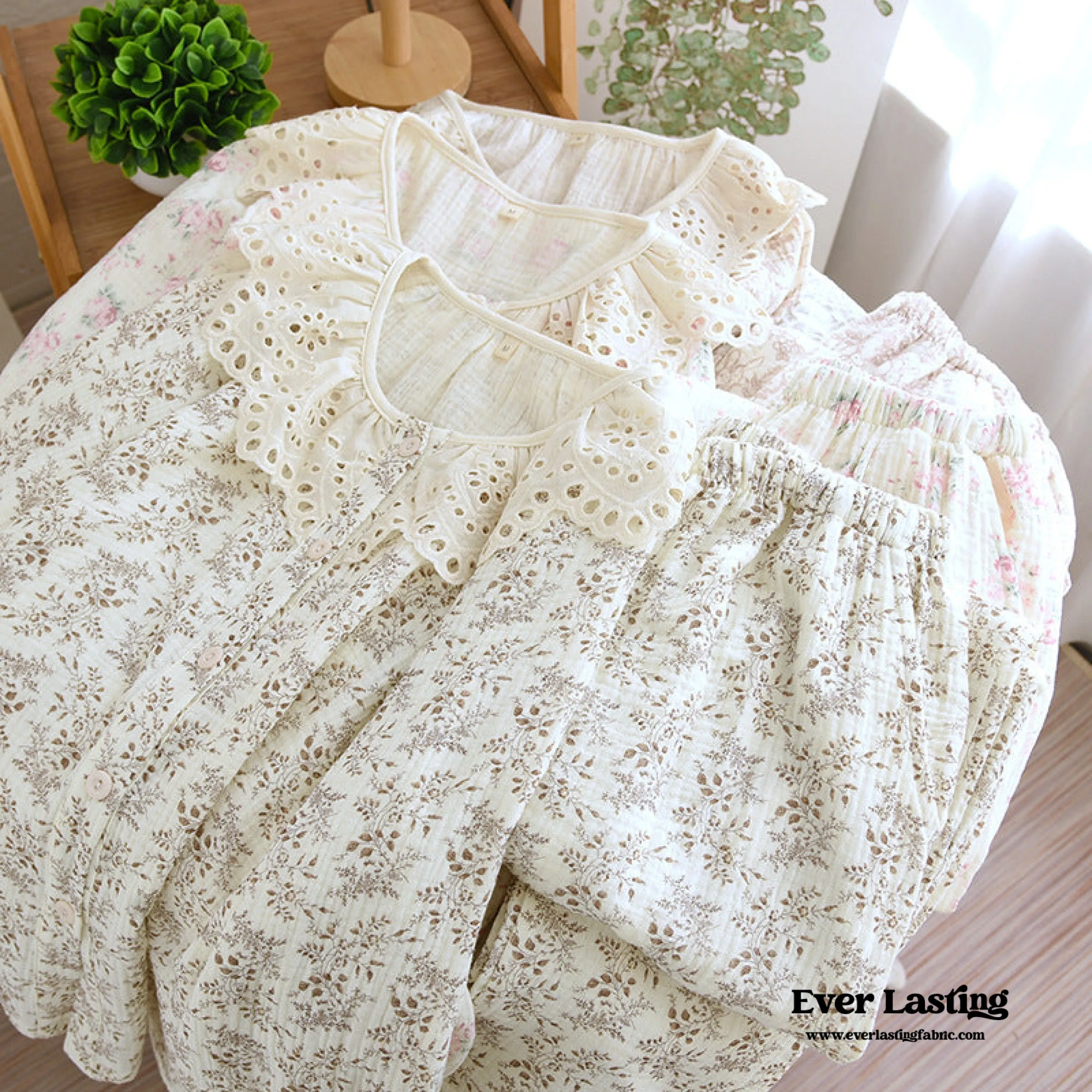 Lace Collar Long Sleeve and Long Pants Cotton Pajamas Set