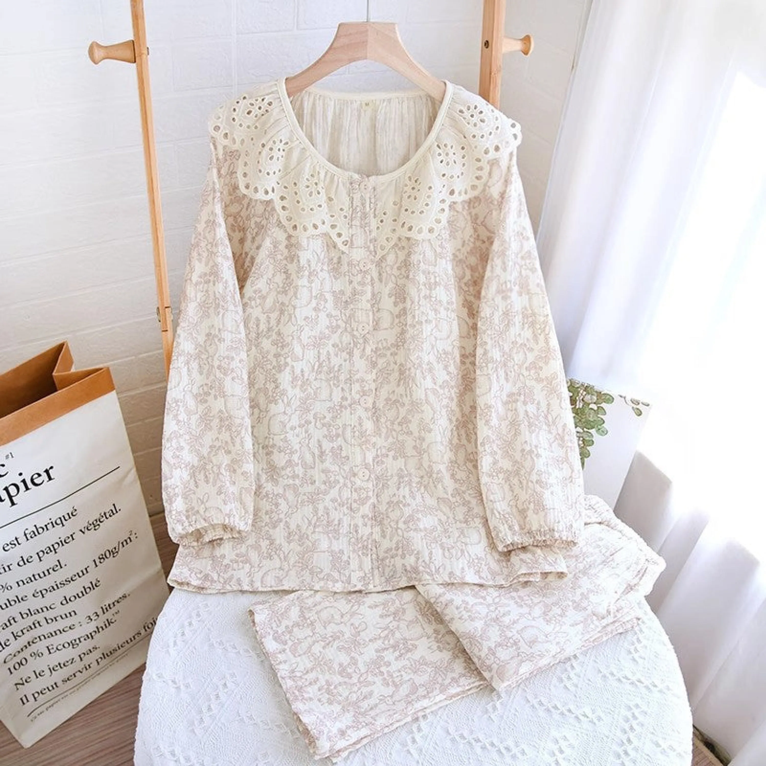 Lace Collar Long Sleeve and Long Pants Cotton Pajamas Set